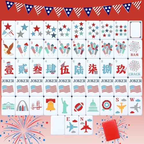 160 Pcs USA Theme American Mahjong Tiles Set 1.2 Inch Patriotic Veterans Day Mahjong Tile 4th of July Independence Day Red White Blue Mini Game Set for Travel Family Game Night Holiday - style: Usa Theme