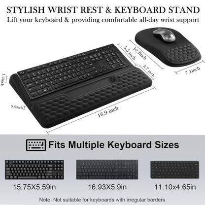 2 in 1 Ergonomic Keyboard Wrist Rest & Mouse Pad Set Adjustable Angle Keyboard Stand Riser Tray with Storage Pen Slot Slow Rebound Memory Foam Wrist Support Pad for Office Home School