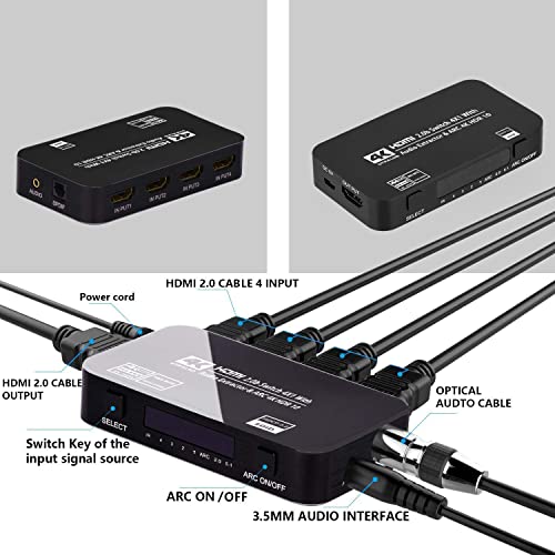 HDMI Switch 4x1 with Audio Extractor, 4K@60Hz Ultra HD HDMI Switcher with Optical TOSLINK SPDIF, 3.5mm Audio Support ARC Function, 3D, 1080P @120Hz, 4Kx2k @60Hz HDTV (IR Remote Control)