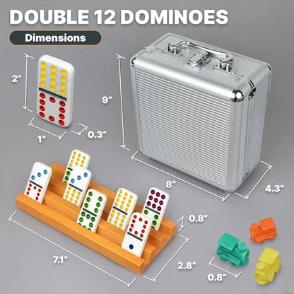 Queensell Mexican Train Dominoes Set with 8 Holders - Wooden Hub and Tiles Holders - Double 12 Tiles with Dots (D12 + 8 Holders) - style: D12 + 8 Holders