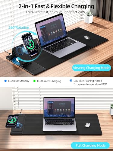 Mouse Pad with Magnetic Wireless Charging & Adjustable Phone Stand | 27.5"x11.8" Computer Mouse Mat with Anti-Slip Base & Stitched Edge, Easy Gliding, Spill-Resistant Surface, Black - color: Black-Magnetic Stand-27.5"x11.8"-Left