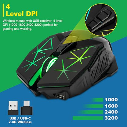 Rechargeable Wireless Gaming Mouse with Light Up, 3200 DPI for PC Computer | 7 Buttons, 4 Levels of DPI, Dynamic RGB LED, Side Buttons, 2.4G Wireless, Long Charging Wire Mouse for Laptop Desktop Win Mac