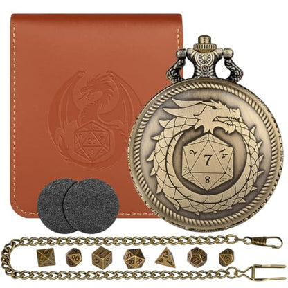 Mini D&D Dice Set with Bronze Steampunk Dragon Swallow Tail Pocket Watch Shell Case, DND Dice Bag, 7pcs Polyhedral Dice Set, Portable DND Starter Set, Board Games Accessories, RPG MTG Gifts - color: Dragon Swallow Tail