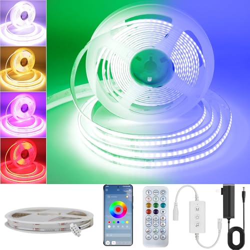 Pandery RGB COB LED Strip Light with Remote and app Control,Music Synchronized Color Change 24V RGB led Strip,16.4FT/5M,10mm Wide,Indoor RGB Lights for Bedroom,Game Room,Bar,Party - size: 16.4FT