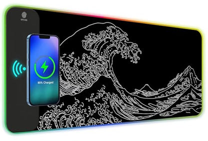 ToLuLu RGB Wireless Charging Gaming Mouse Pad, 7.5/10/15W 10 Light Modes LED Mouse Pad Computer Keyboard Mat Mousepad, 800x300x4MM Extended Large Desk Pad Mat, Japanese Kanagawa Sea Wave Black White - color: Japanese Kanagawa Sea Wave Black White