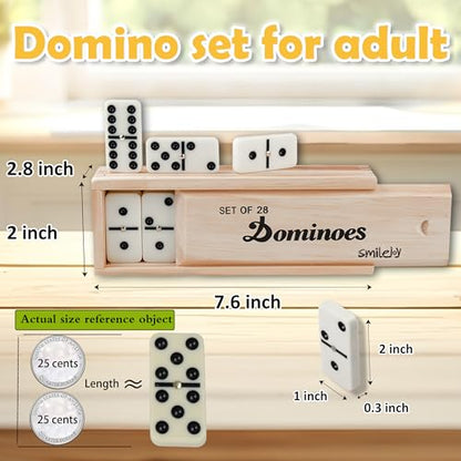 Smilejoy Dominoes Set for Adults, Domino Set for Classic Board Games, Double 6 Domino Game Set 28 Pieces with Natural Wood Case (2 Players) - style: Medium