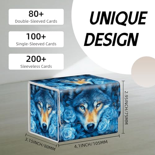 Trading Card Storage Box, Holds 100+ for MTG Cards, PU Leather with Magnetic Closure, Blue Wolf with Roses Fantasy Durable Deck Box for Magic the Gathering, Trading Card Games - color: Blue Wolf with Roses Fantasy