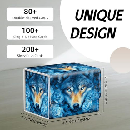 Trading Card Storage Box, Holds 100+ for MTG Cards, PU Leather with Magnetic Closure, Blue Wolf with Roses Fantasy Durable Deck Box for Magic the Gathering, Trading Card Games - color: Blue Wolf with Roses Fantasy