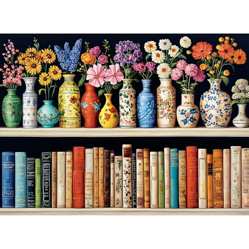 500 Piece Puzzle for Adults Puzzle, Beautiful Bookshelf Jigsaw Puzzle 500 Pieces, Flowers and Vase Jigsaw Puzzles for Adults Seniors, Fun Decor Challenging Family Games Holiday Party Gifts 20.5×15 in - style: Beautiful Bookshelf