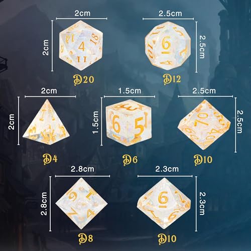 DND Dice Set 7pcs Sharp Edge Resin Polyhedral Dice for Dungeons & Dragons Bundled with Dice Pouch/Tray, and Stickers (Celestial Gleam)