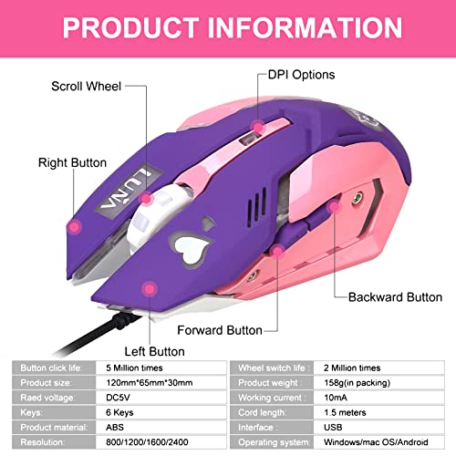 HXMJ Purple Wired USB Computer Mouse,7 Colors Backlit,Silent Buttons for MacBook,Computer PC,Laptop - color: Purple