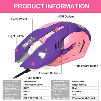 HXMJ Purple Wired USB Computer Mouse,7 Colors Backlit,Silent Buttons for MacBook,Computer PC,Laptop - color: Purple