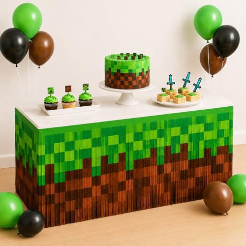 2 Pack Pixel Miner Party Table Skirts, Miner Birthday Party Decorations | Green Brown Foil Fringe Table Skirt Decorations for Boys Birthday, Block Theme Gaming Party Table Decor Photo Booth Props - size: 2pcs 29.5 x 108 Inch