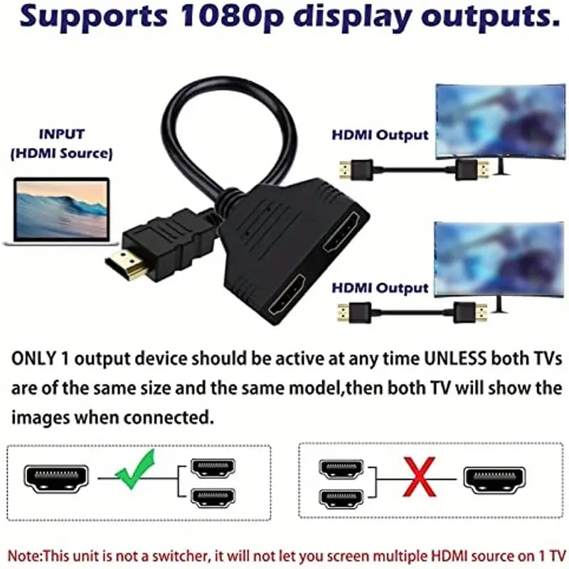 HDMI Splitter Cables Male 1080P to Dual Female 1 to 2 Way HDMI Splitter Adapter Cable for HDTV HD, LED, LCD, TV, Mirror Only Support Two The Same Size TVs at The Same Time 30cm
