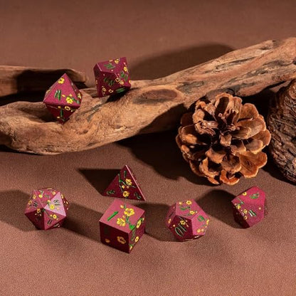 UDIXI Red Metal Dice Set D&D, 7PCS Flower Solid Metal DND Dice Set for RPG | Yellow Flower, Metal Case Packaging, Heavy Metal Dice, D&D Gift, for Dungeons and Dragons Role Playing Games Tabletop Games - color: Flower/Redgreen