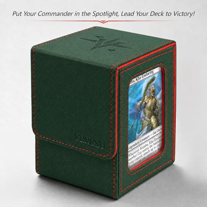 MTG Deck Box with Commander Display Window (Green&Red, 1 window) | Holds 120 Single/100 Double-Sleeved Cards, Fit MTG/PTCG/OPTCG Cards, Strong Magnet, PU Leather, With 2 Dividers & 1 Toploader - color: Green and Red