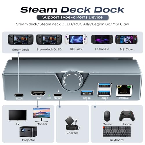 Steam Deck Dock - USB C Docking Station with Adjustable Stand, 100W PD Charging Dock with 4K@120Hz HD,Gigabit Ethernet,3 USB 3.0 Port, for Steam Deck OLED/ROG Ally/Legion Go S