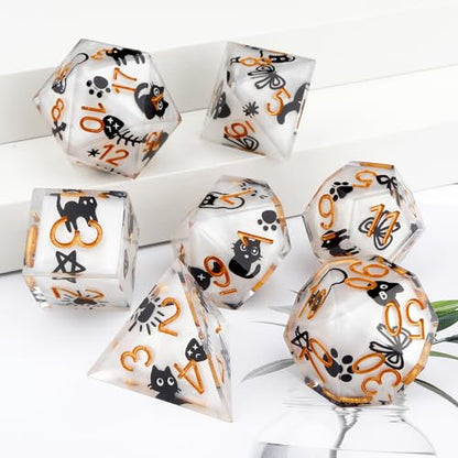 Haxtec Cat DND Dice Set White Sharp Edge Resin Dice Set with Dice Case, Handmade D and D Dice Polyhedral D&D Dice Set for TTRPGs Compatible with Dungeons and Dragons DND Gifts - color: White