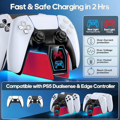 Controller Charger Station Compatible with Play 5 Faceplates Edge & Dual Controller, 9 Lightings P 5 Accessories Charging Station, P 5 Dock Stand with LED Indicator & On-Off Switch, Volcanic Red for PlayStation Consoles - color: Volcanic Red
