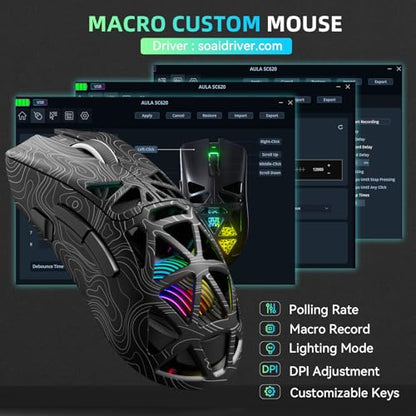 Aula SC620 Wireless Gaming Mouse, Tri-Mode 2.4GHz/USB-C/BT5.3 Computer Mouse with 12000 DPI, Programmable Macro Gamer Mouse with Rapid Fire Key, RGB Light Gaming Mice for PC/Laptop/Mac - color: Line Black