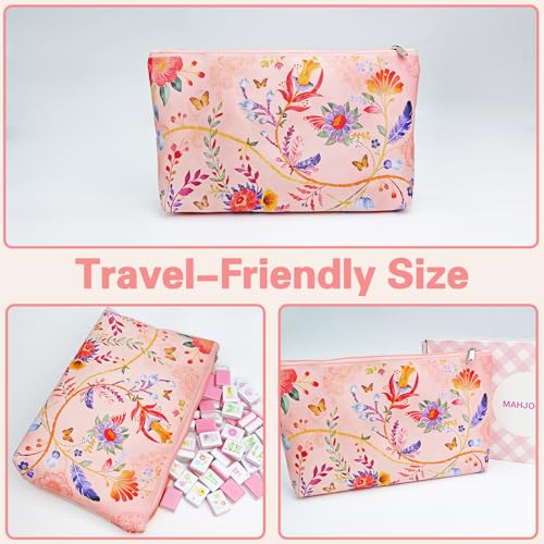 Portable Pink Mahjong Set 160 Premium Melamine Tiles, Engraved American Mahjong Game with Carrying Bag&3 Dice Compact 0.9” x 1.18” x 0.5” Tiles, Scuff‑Proof & Drop‑Resistant for Adults Family Travel