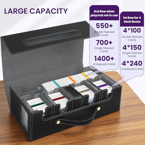 MTG Commander Deck Box 6-in-1, Large Trading Card Storage Case with 4 Removable Card Deck Boxes, Display Windows, Dice Box & Playmat Compartment, Holds 2000+ Unsleeved Cards, Black Gray - color: Black Gray, size: 6-IN-1 with Playmat Space