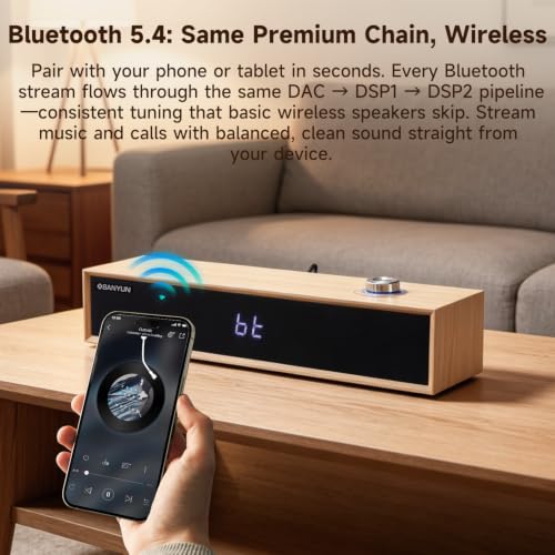 Sanyun SW012 Desktop PC Soundbar, USB-C for Power and Audio & Bluetooth 5.4 | Music & Conference Modes, MDF Wood Cabinet with Clock Display, Built-in 16bit DAC, Clear balanced sound, Plug and Play, White