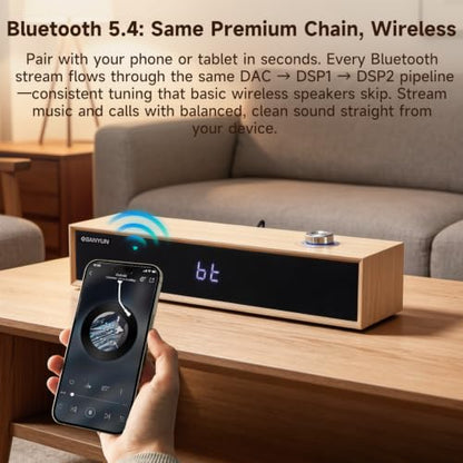 Sanyun SW012 Desktop PC Soundbar, USB-C for Power and Audio & Bluetooth 5.4 | Music & Conference Modes, MDF Wood Cabinet with Clock Display, Built-in 16bit DAC, Clear balanced sound, Plug and Play, White