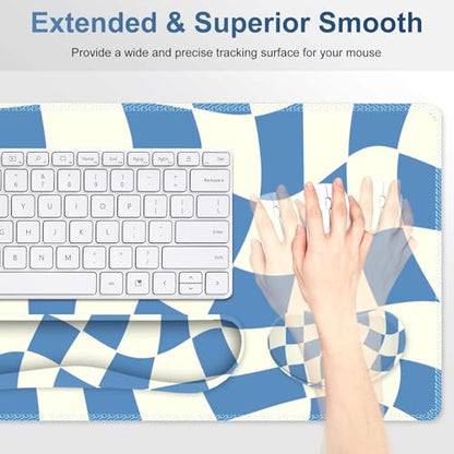 Desk Mat Pad, Gaming Mouse Pad Wrist Support Set, 4 in1 Non-Slip XXL Large Mousepad + Ergonomic Keyboard Wrist Rest+Mouse Wrist Rest+Coaster for Home Office Computer I Blue White Checker - color: Blue White Checker
