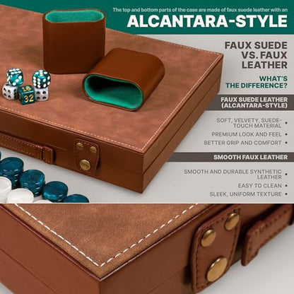 Backgammon Sets for Adults 15 Inch – Premium Faux Suede Leather Backgammon Board Game Set with 32 Chips, Dice Cups & Doubling Cube – Portable Travel Backgammon Set