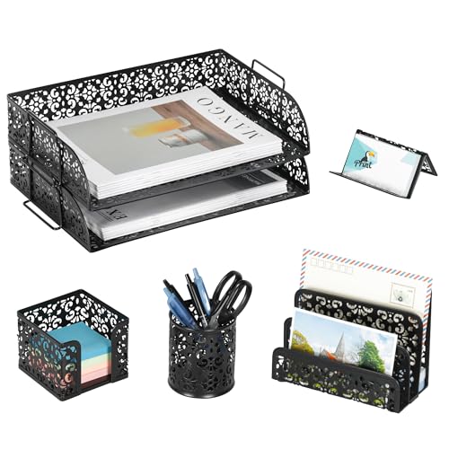EasyPAG Desk Organizers and Accessories 5 Pieces Office Supplies Set - 2 Tier Paper Tray, Pencil Organizer for Desk, Mail Sorter Countertop, Business Card Holder and Sticky Note Holder, Black - color: Black