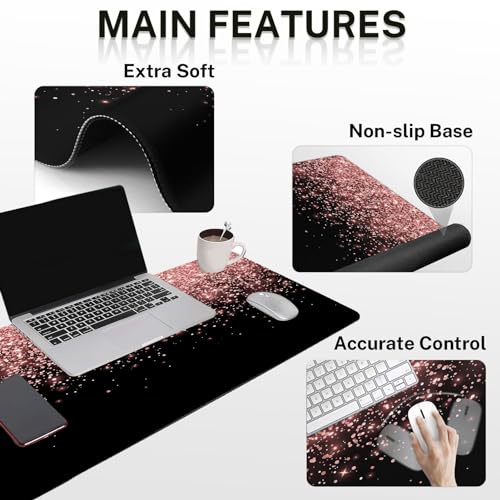 Britimes Rose Gold Pink Keyboard Mouse Pad Set Black Golden 4in1 Large Mousepad+Keyboard Wrist Rest+Mouse Wrist Rest+Coaster Ergonomic Design for Home Office Computer 35.4x15.7 inches - color: Rose Gold Pink