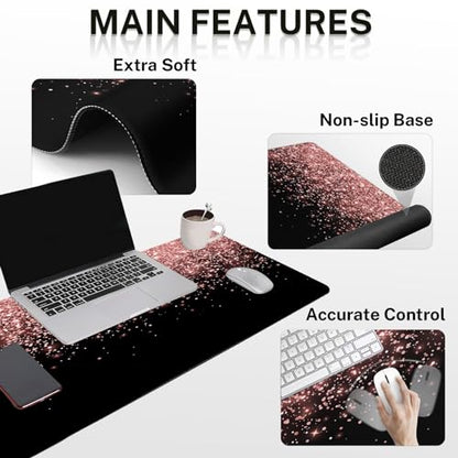 Britimes Rose Gold Pink Keyboard Mouse Pad Set Black Golden 4in1 Large Mousepad+Keyboard Wrist Rest+Mouse Wrist Rest+Coaster Ergonomic Design for Home Office Computer 35.4x15.7 inches - color: Rose Gold Pink