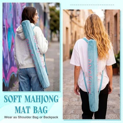 35 Inch Long Velvet Mahjong Mat Bag Cute Double Strapped Drawstring Mahjong Mat Holder Lightweight Carrying Bag for Board Games Outdoor Travel Storage-Mat Not Include(Blue,1 Pc) - color: Blue