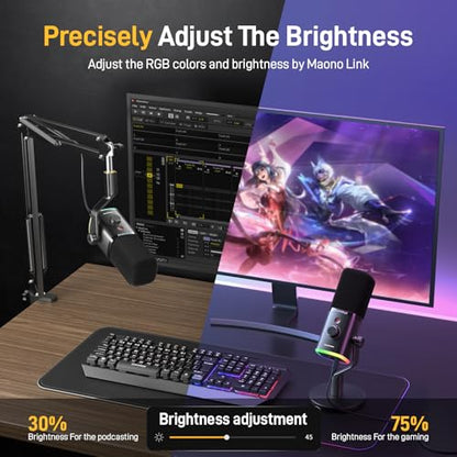 MAONO XLR/USB Gaming Microphone with BA20 Boom Arm, PC Computer Gaming Streaming Mic with RGB Light, Mute Button, Headphones Jack,Bundle for Gaming Podcast Recording (PD100X Black+BA20 Black)
