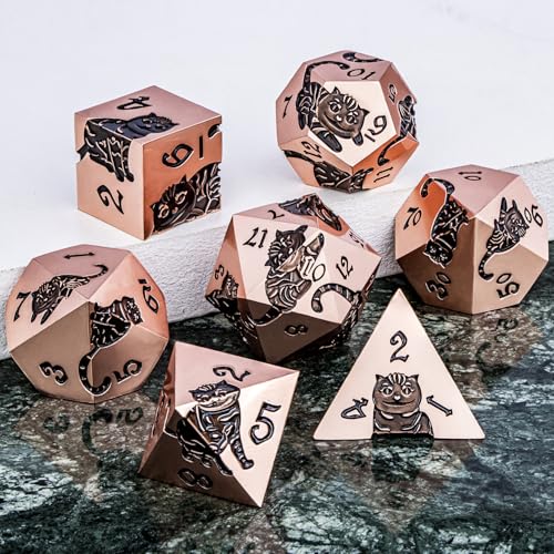 Metal DND Cat Dice 7PCS Polyhedral RPG Dice Set with Gift Case for Dungeons Dragons Role Playing Game, D and D Dice D6 D8 D10 D12 D20 D% (Copper Black) - color: Cat-copper Black