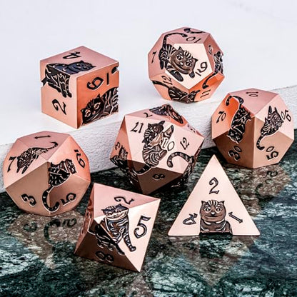 Metal DND Cat Dice 7PCS Polyhedral RPG Dice Set with Gift Case for Dungeons Dragons Role Playing Game, D and D Dice D6 D8 D10 D12 D20 D% (Copper Black) - color: Cat-copper Black
