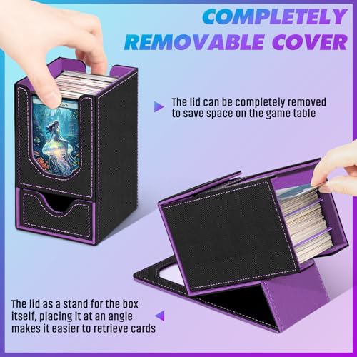 Card Deck Box for MTG Commander, Fits 100+ Double-Sleeved Cards Card Case | with Detachable Dice Tray, 2 Dividers, Removable lid, Trading Card Storage Box, Sturdy and Durable, Fits TCG/PTCG/Sports Card - color: Black and Purple