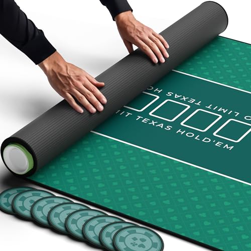 Newverest Poker Table Top 70" x 35", Texas Hold'em Poker Mat for Home Game Nights Up to 10 Players, Casino| Poker Topper Cloth for Tables in Zipper Storage Bag with 8 Coasters in Poker Gift-Ready Box - color: Green
