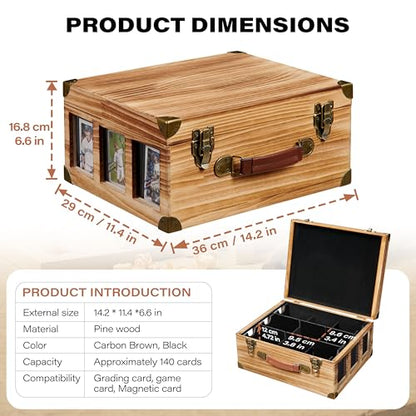 Poyilooo Classic Brown Wooden Graded Card Storage Box with Display Window, Holds 140+ Cards, 14.2 x 11.3 x 6.5 inches, Sports Card Case - color: Brown
