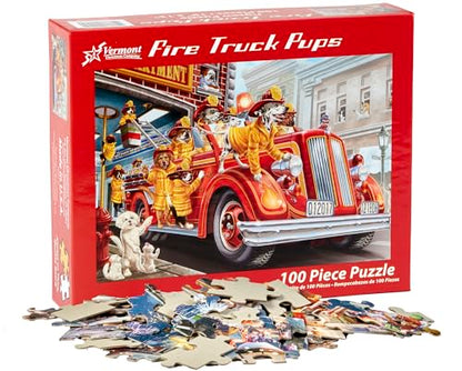 Vermont Christmas Company Fire Truck Pups Jigsaw Puzzle 100 Piece, Large Pieces Perfect for Kids and Seniors