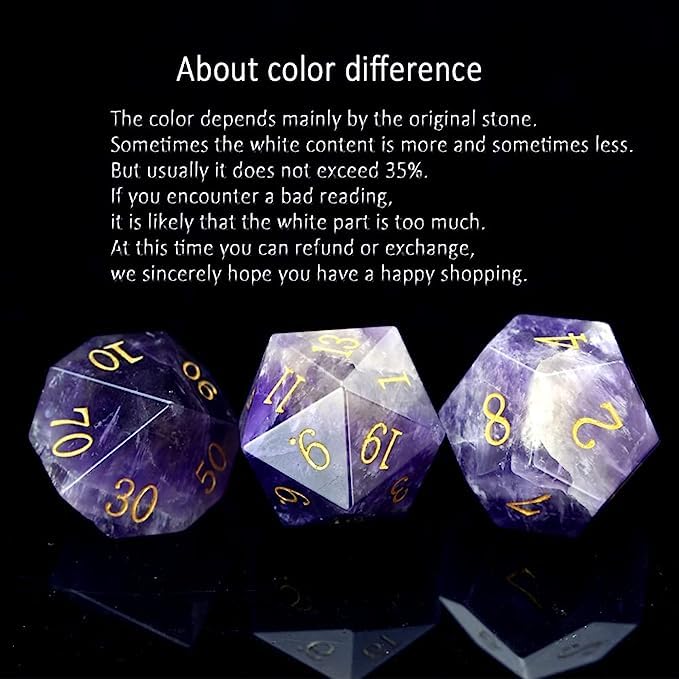 Natural Gemstone DND Dice Set,7 Pcs Amethyst Crystal Handmade Polyhedral D&D gem Dices with Gift Metal Box for Dungeons and Dragons MTG Role Playing Games Natural Stone d and d Dice - color: Amethyst