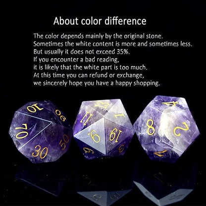 Natural Gemstone DND Dice Set,7 Pcs Amethyst Crystal Handmade Polyhedral D&D gem Dices with Gift Metal Box for Dungeons and Dragons MTG Role Playing Games Natural Stone d and d Dice - color: Amethyst