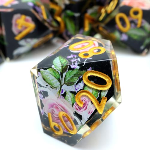 XENOLUX DND Dice Set - Sharp Edge Resin Polyhedral RPG Dice for Dungeons and Dragons Board Games, Elegant Floral Rose Design with Tin Box (L4) - color: L4