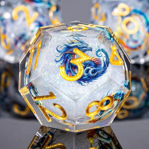 Roycevon Dragon Pattern Liquid Core DND Dice Set, 7Pcs Sharp Edge D&D Dice with Gift Box, Resin White Dungeons Dragons D and D Role Playing Dice D20 D12 D10 D8 D6 D4 - color: White Gold