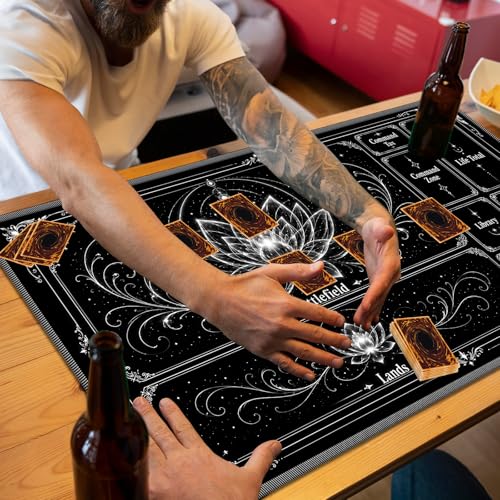 Playmat for MTG with Zones, 24 x 14 Inch Card Game Mat, Stitched Edges, Non Slip Rubber Base, 2mm Washable Play Mat with Storage Bag, Lotus Flower Design, White Color - color: White
