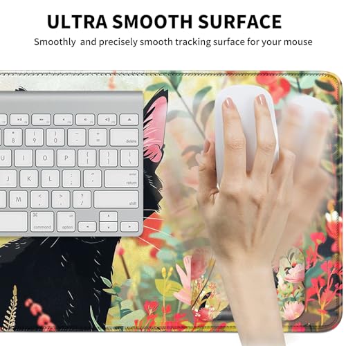 Mouse Pad Desk Mat Ergonomic Wrist Support Pad Set,Mouse Wrist Rest Keyboard Pad with Stitched Edges and Non Slip Base-Black Cat Pink Flowers Cartoon - color: Black Cat Pink Flowers Cartoon