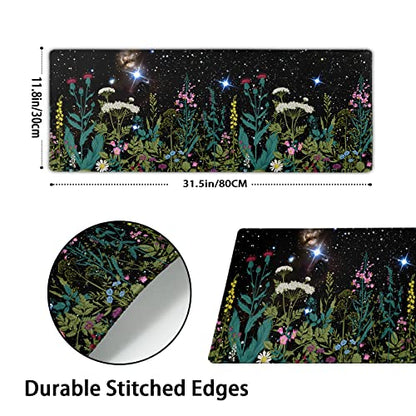 Black Aesthetic Wildflower Large Mouse Pad XL Space Galaxy Weeds Herb Cute Floral Extended Desk Mat Big 80X30 CM Non-Slip Rubber Base Stitched Edge Long Mousepad,31.5×11.8 Inch - color: Blackherb, size: 31.5 x 11.8 inches