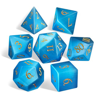 Natural Aquamarine Gemstone Dice Set, 7-Piece Handcrafted Polyhedral Dice with Gold Engraving, Ideal for D&D, RPG, MTG & Tabletop Games, Gift Box Included (Blue-Cat's Eye) - color: Blue-cat's Eye