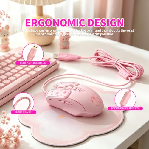 Wired Gaming Mouse, Lightweight USB Optical Computer Mice with 7 Buttons, 4 Adjustable DPI (1200-7200), Ergonomic Shape for Computers and Laptops, Pink - color: Pink